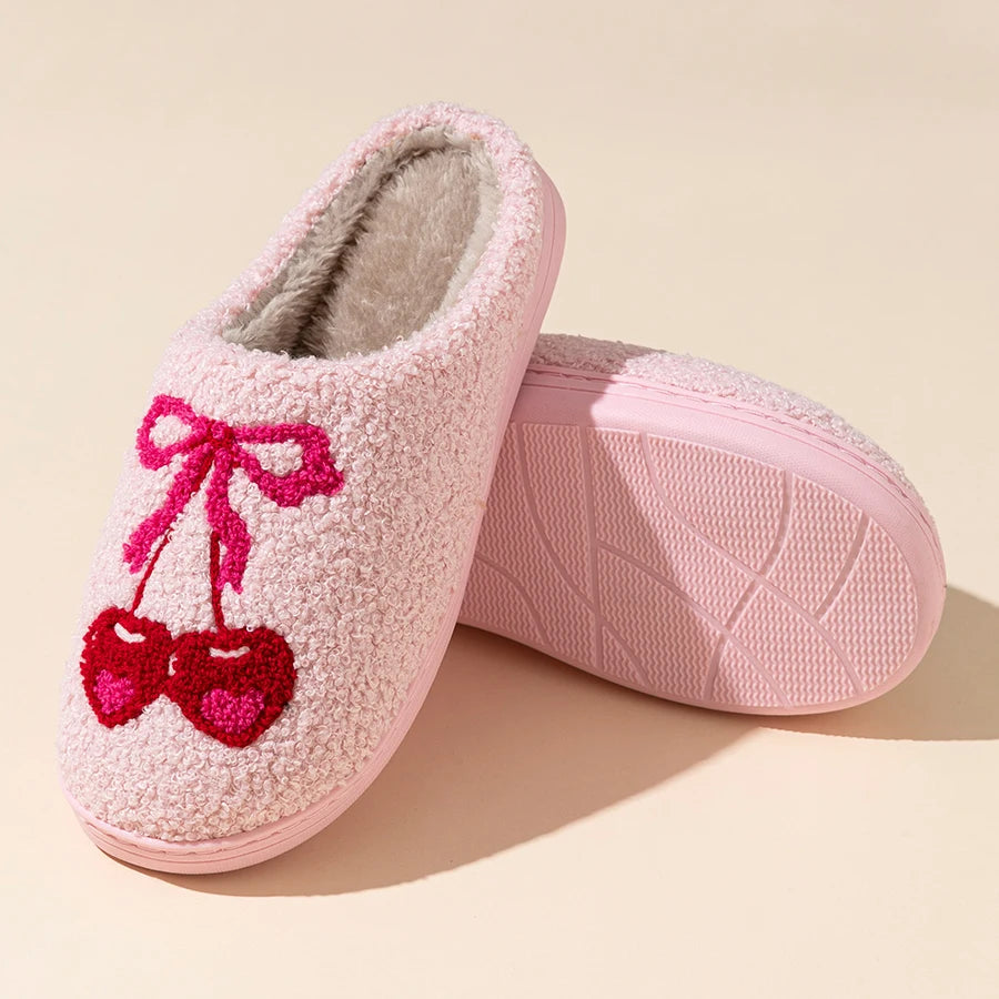 Casual Bedroom Cherry Bow Women's Slippers Cute Embroidered Pattern Winter Indoor Women's Soft Sole Warm Home Comfy Plush Shoes
