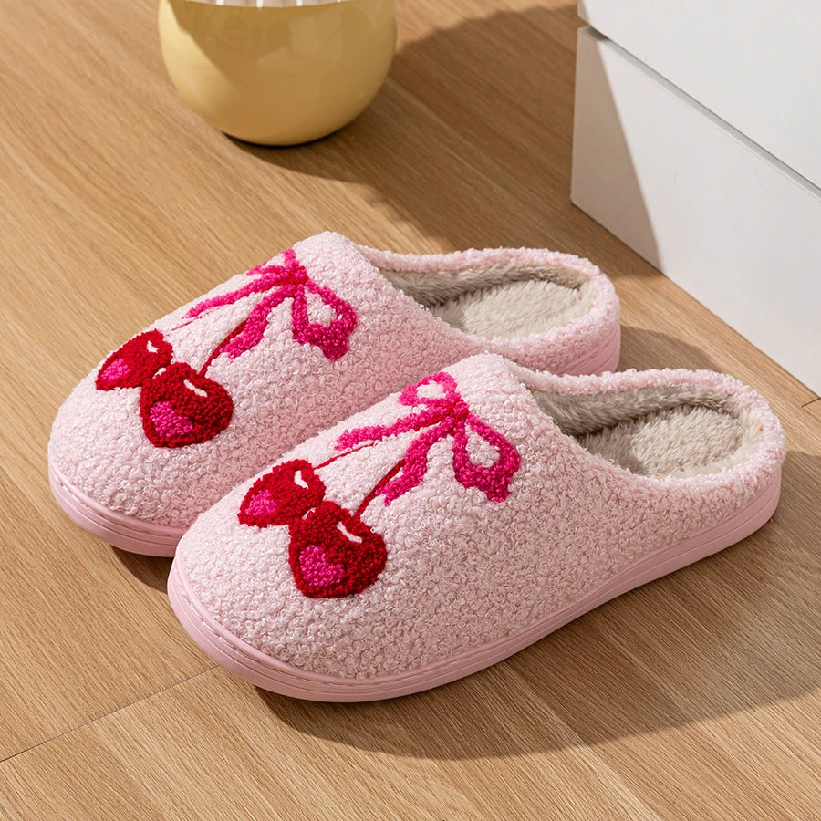 Casual Bedroom Cherry Bow Women's Slippers Cute Embroidered Pattern Winter Indoor Women's Soft Sole Warm Home Comfy Plush Shoes