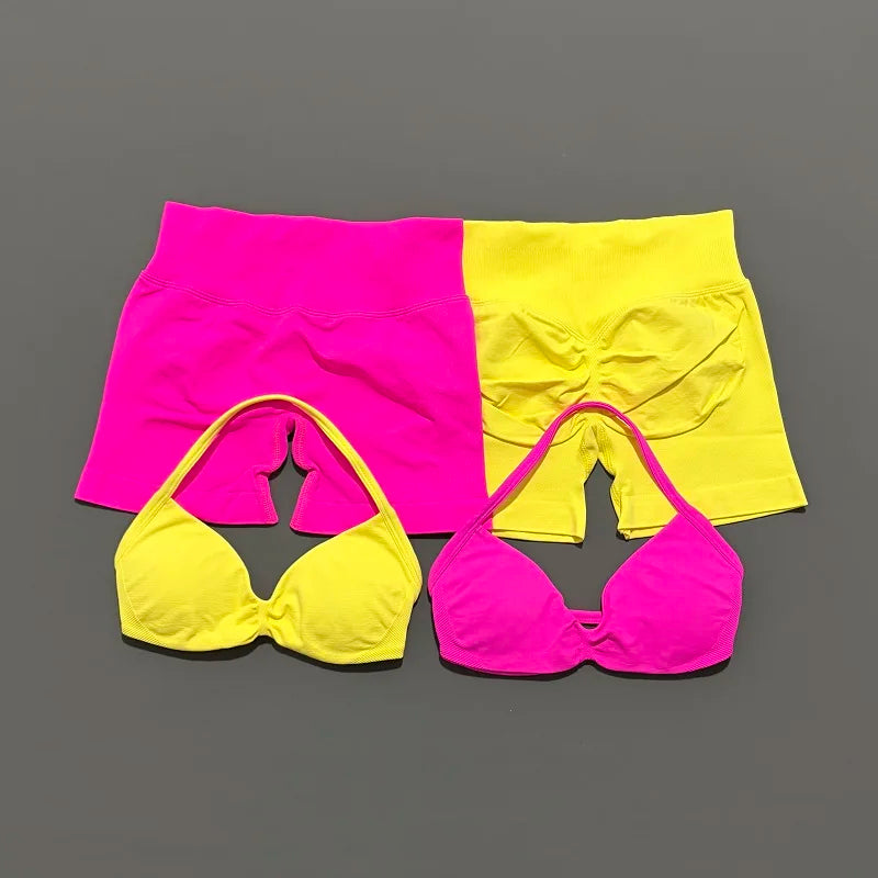 HISTELLO Sports Set 2 Piece Women Strappy Gym Yoga Bra Workout Scrunch Shorts Fitness Sports Suit Clothes Seamless Yoga Set