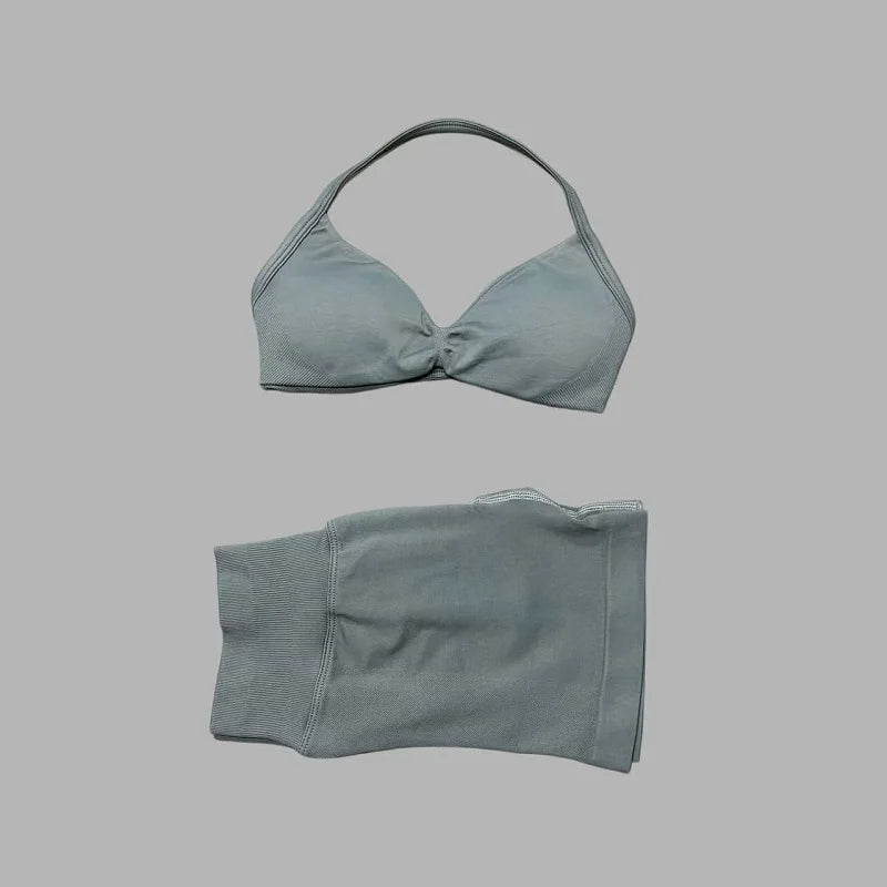 HISTELLO Sports Set 2 Piece Women Strappy Gym Yoga Bra Workout Scrunch Shorts Fitness Sports Suit Clothes Seamless Yoga Set