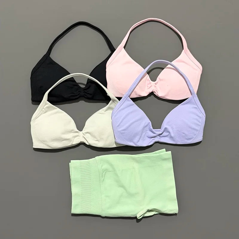 HISTELLO Sports Set 2 Piece Women Strappy Gym Yoga Bra Workout Scrunch Shorts Fitness Sports Suit Clothes Seamless Yoga Set