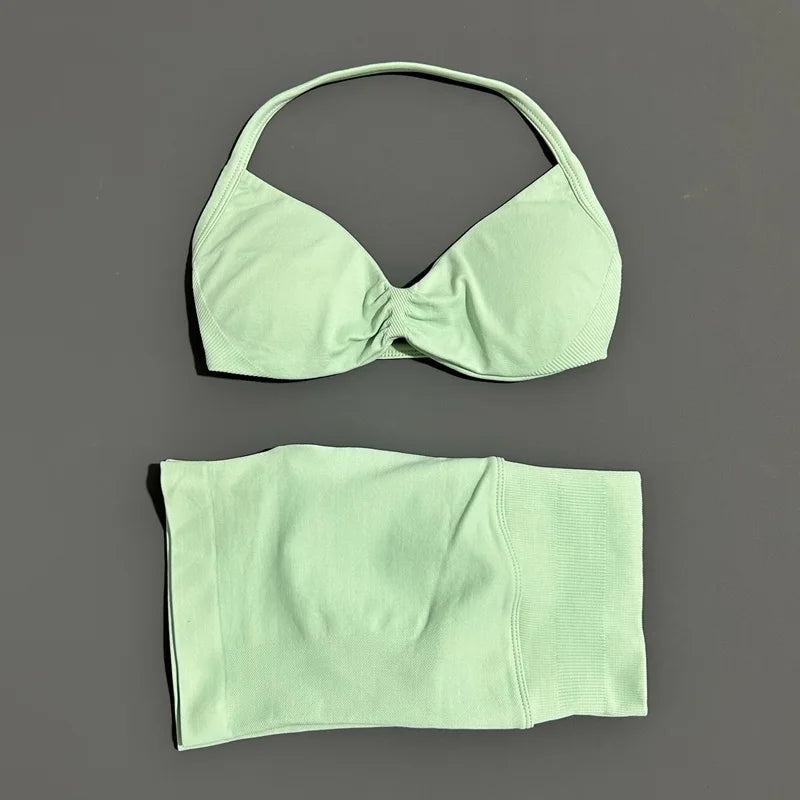 HISTELLO Sports Set 2 Piece Women Strappy Gym Yoga Bra Workout Scrunch Shorts Fitness Sports Suit Clothes Seamless Yoga Set