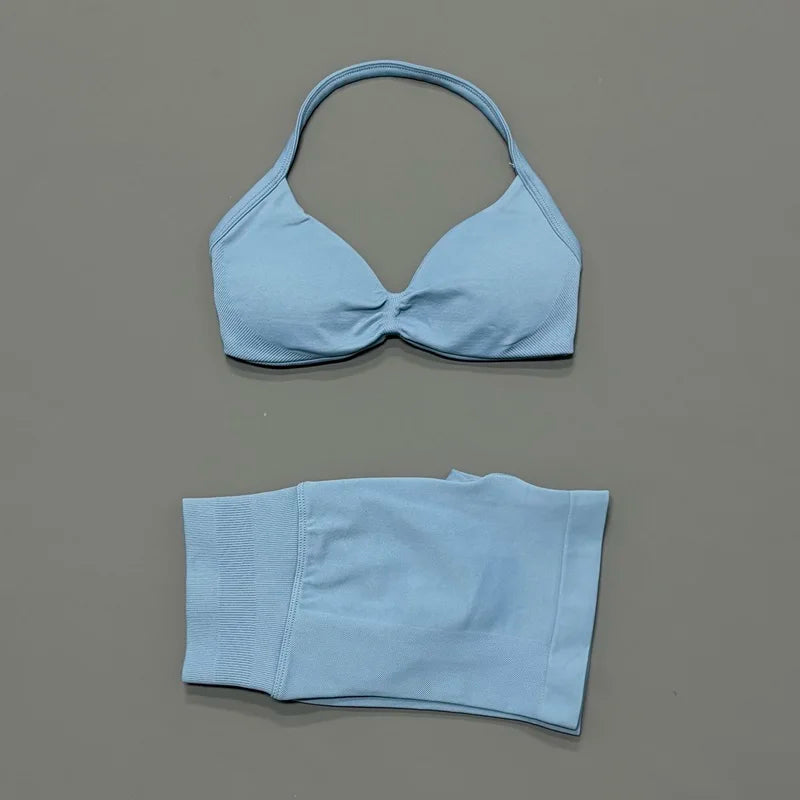 HISTELLO Sports Set 2 Piece Women Strappy Gym Yoga Bra Workout Scrunch Shorts Fitness Sports Suit Clothes Seamless Yoga Set