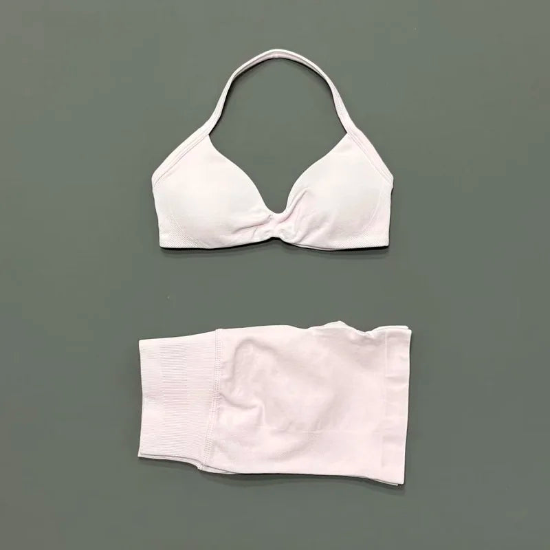 HISTELLO Sports Set 2 Piece Women Strappy Gym Yoga Bra Workout Scrunch Shorts Fitness Sports Suit Clothes Seamless Yoga Set