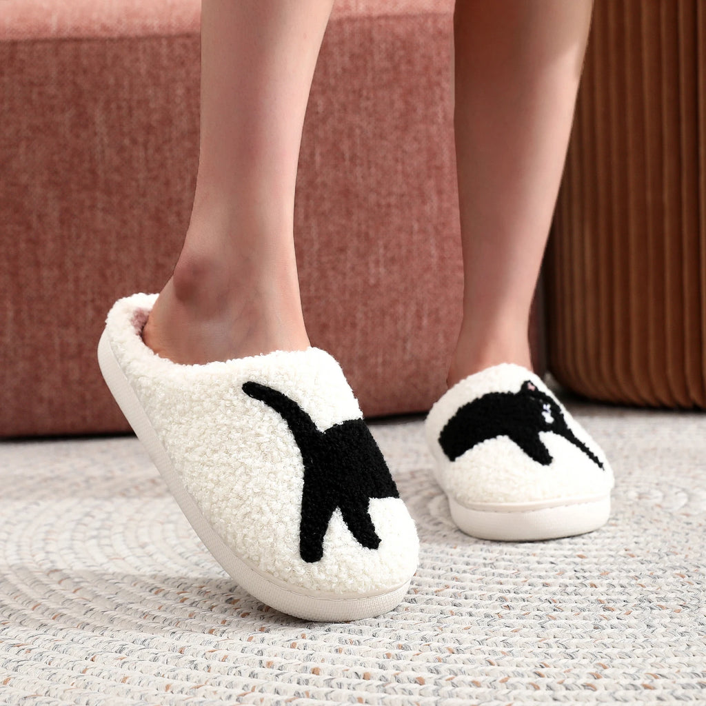 Black Cat Platform Plush Slippers