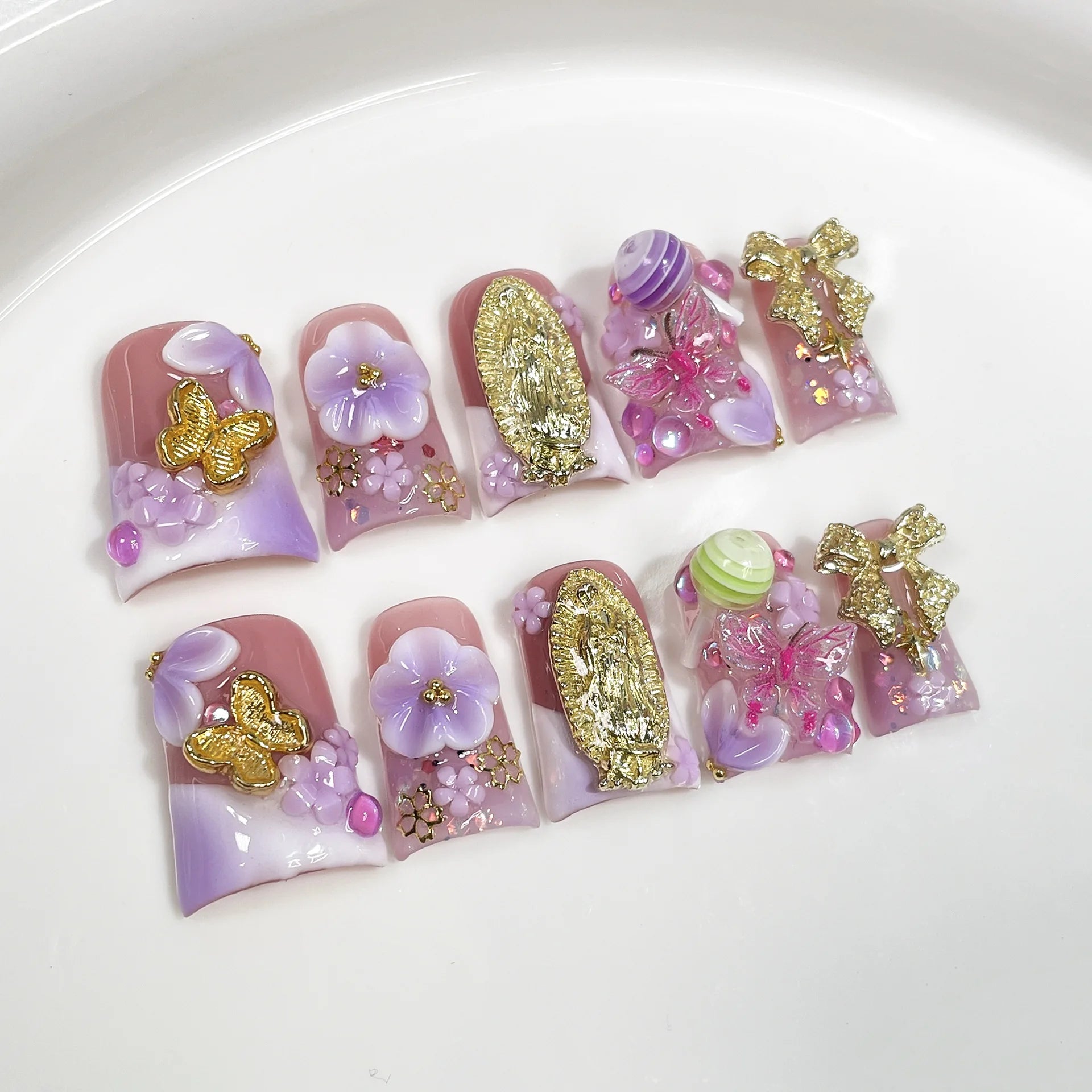 10pcs Short Duck Bill Press on Nails 3D Butterfly Flower False Nails Pink French Tip Nail Art Pearl Heart Rhinestone Fake Nails