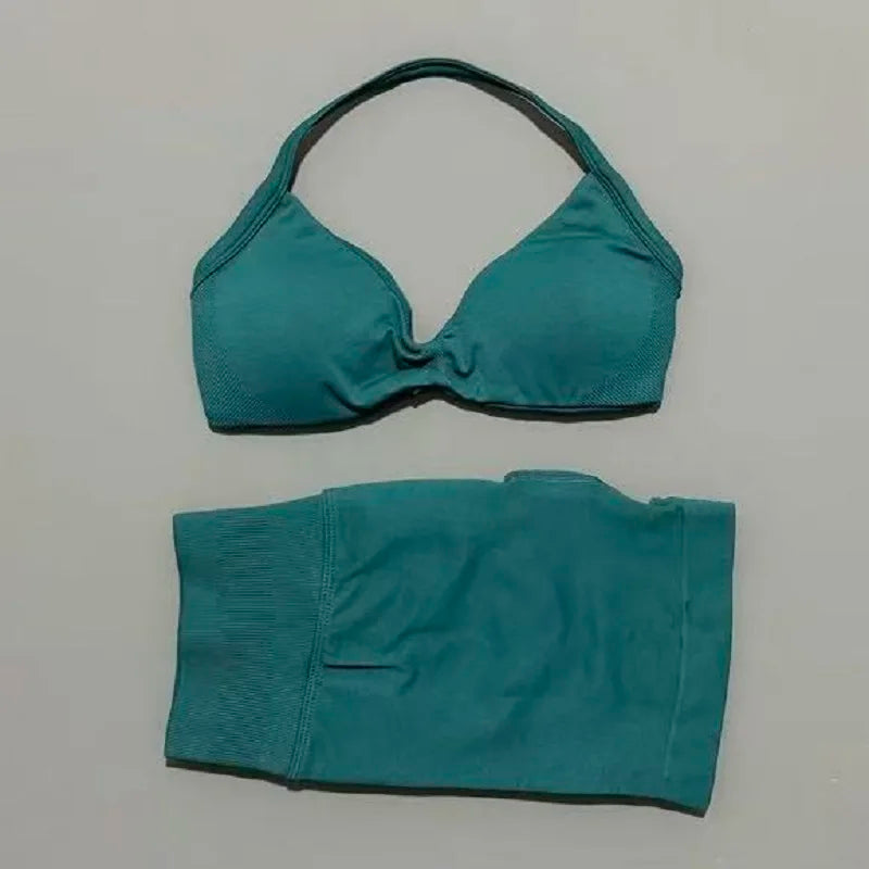 HISTELLO Sports Set 2 Piece Women Strappy Gym Yoga Bra Workout Scrunch Shorts Fitness Sports Suit Clothes Seamless Yoga Set