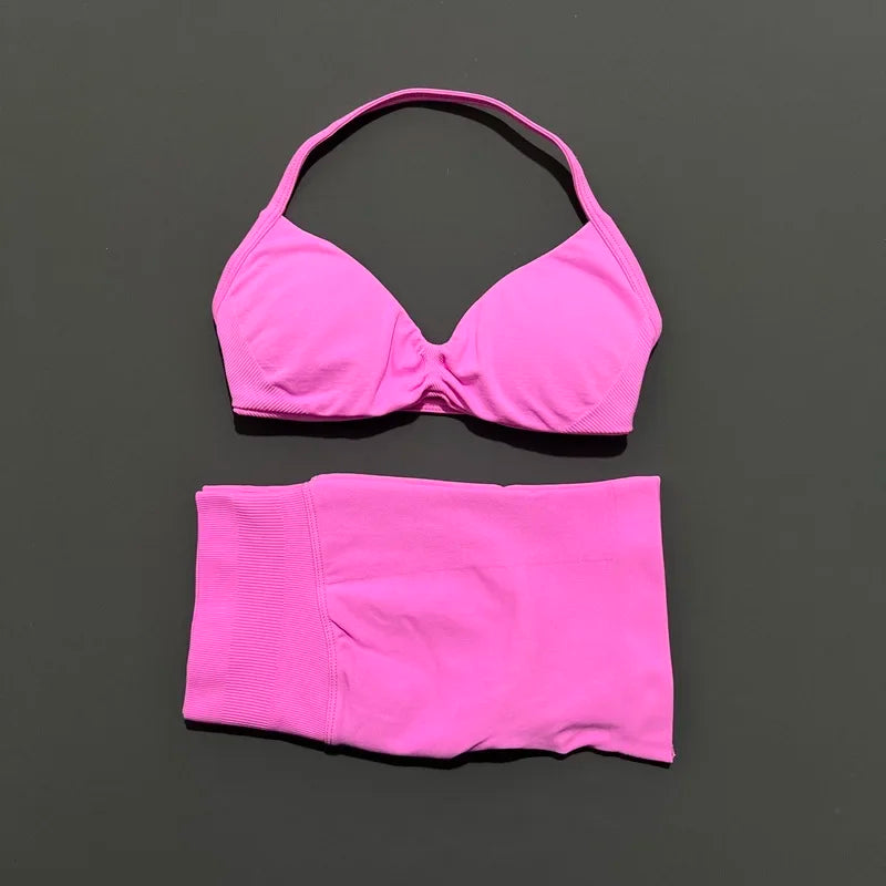 HISTELLO Sports Set 2 Piece Women Strappy Gym Yoga Bra Workout Scrunch Shorts Fitness Sports Suit Clothes Seamless Yoga Set