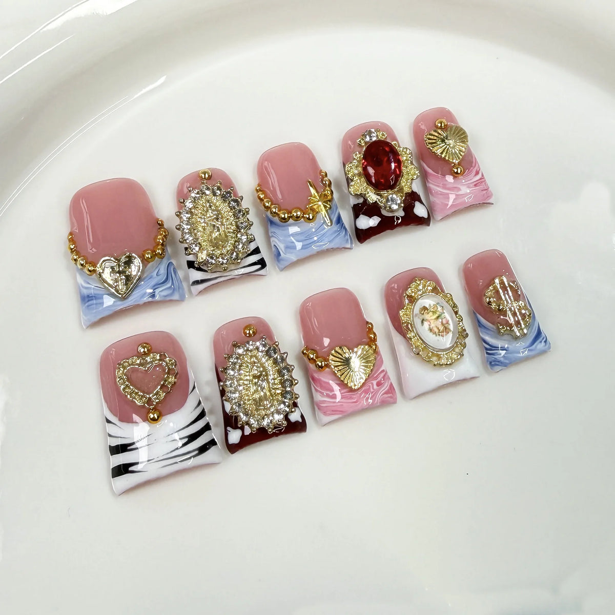 10pcs Short Duck Bill Press on Nails 3D Butterfly Flower False Nails Pink French Tip Nail Art Pearl Heart Rhinestone Fake Nails