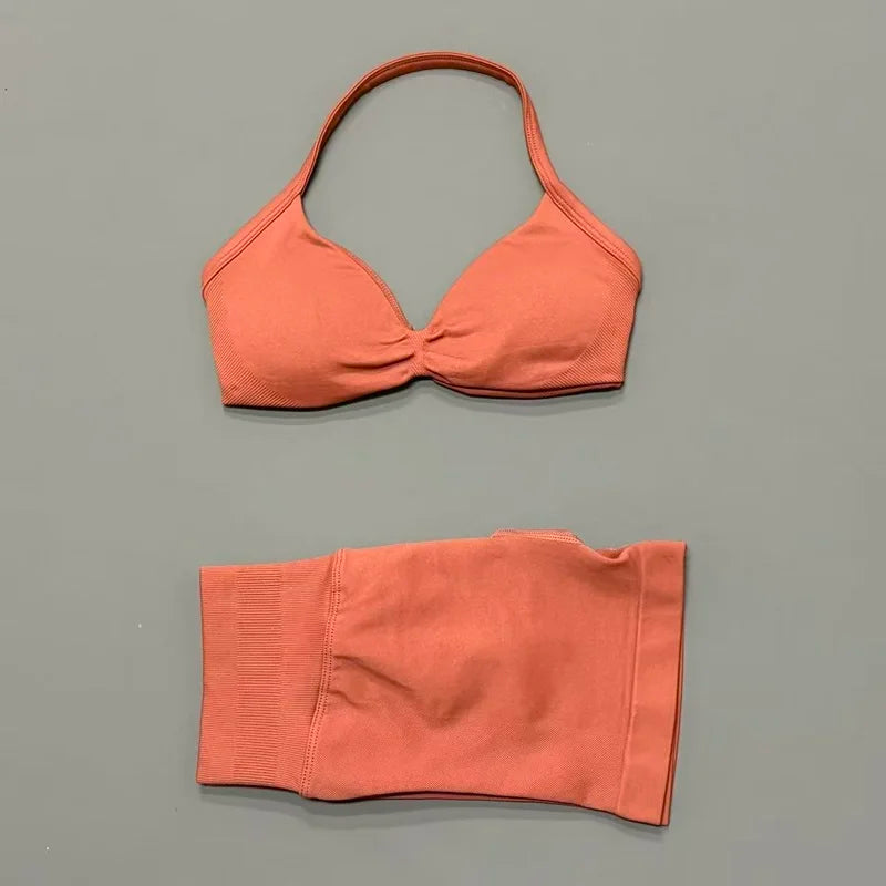 HISTELLO Sports Set 2 Piece Women Strappy Gym Yoga Bra Workout Scrunch Shorts Fitness Sports Suit Clothes Seamless Yoga Set