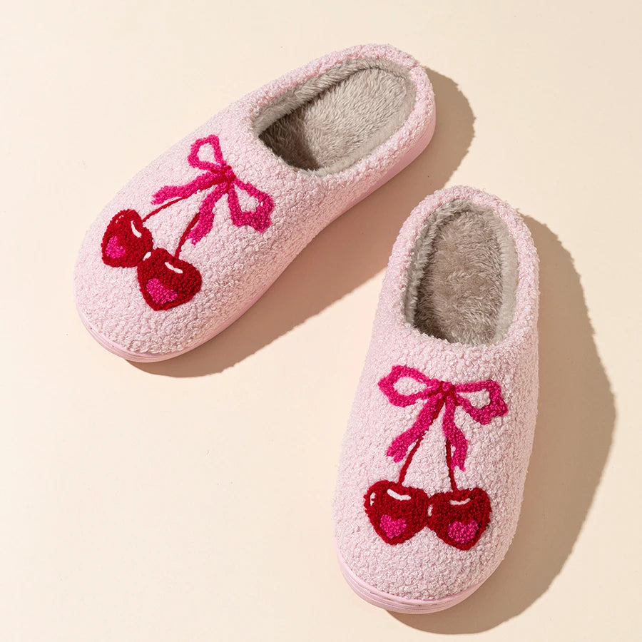 Casual Bedroom Cherry Bow Women's Slippers Cute Embroidered Pattern Winter Indoor Women's Soft Sole Warm Home Comfy Plush Shoes