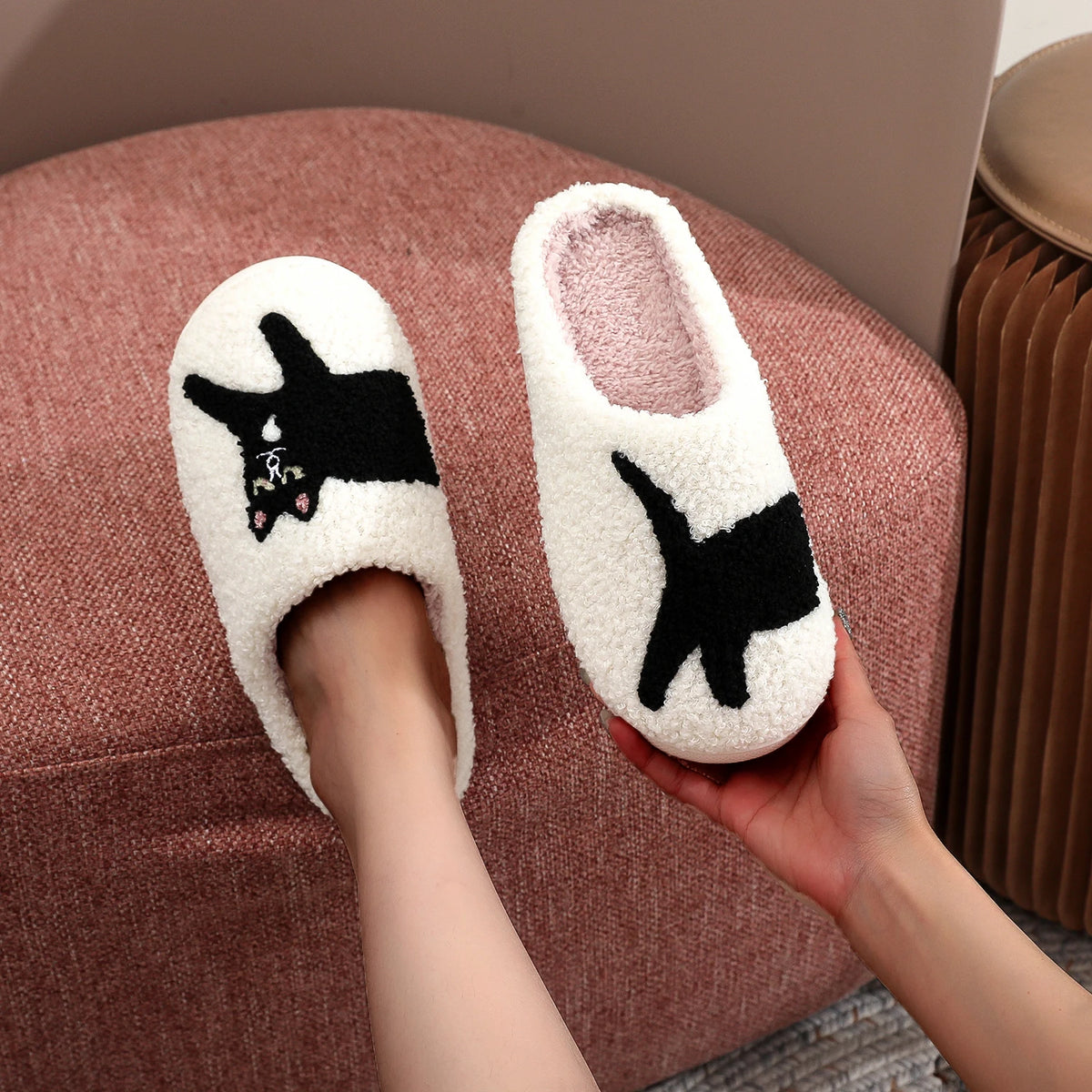 Black Cat Platform Plush Slippers