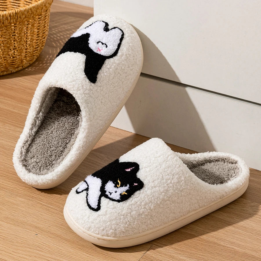 Women's Slippers Winter Indoor Warm Cute Cartoon Cat Bedroom Lightweight Soft Sole Breathable Leisure Plush Shoes Couple