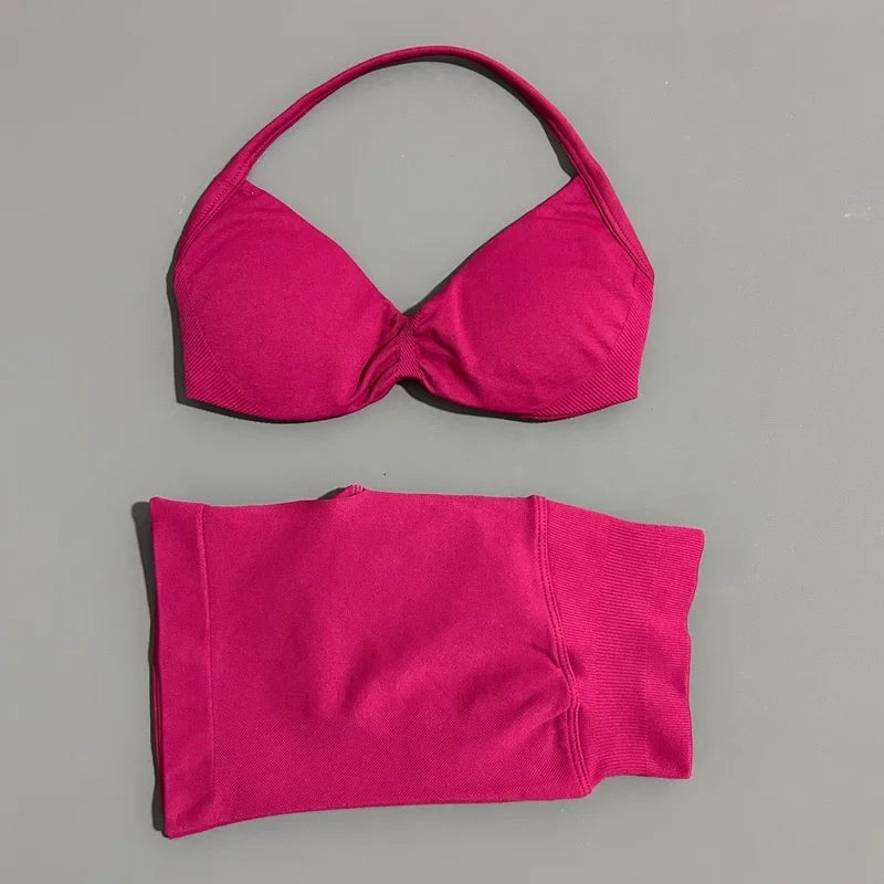 HISTELLO Sports Set 2 Piece Women Strappy Gym Yoga Bra Workout Scrunch Shorts Fitness Sports Suit Clothes Seamless Yoga Set