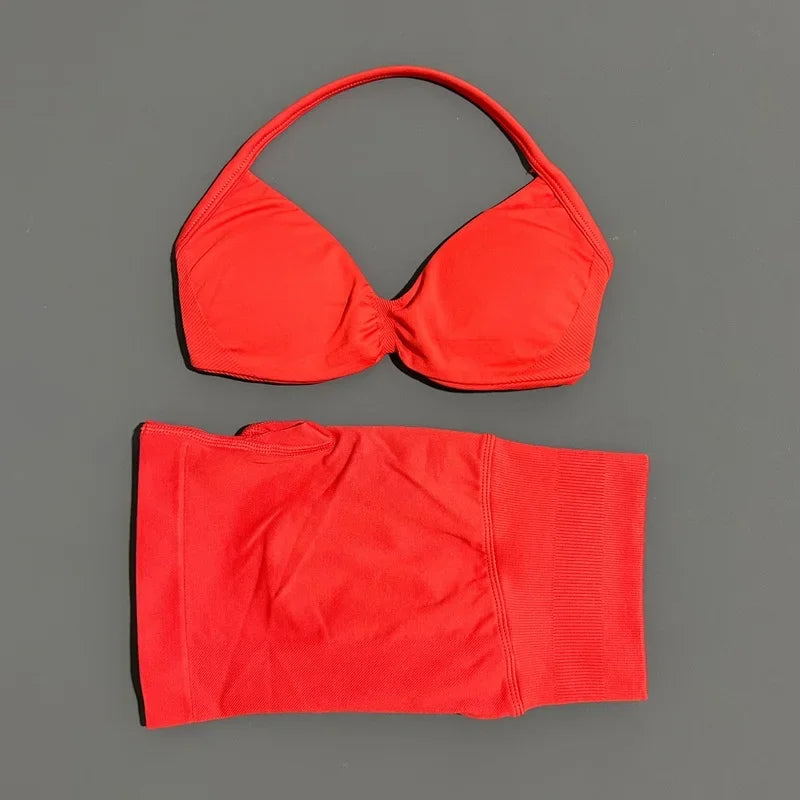 HISTELLO Sports Set 2 Piece Women Strappy Gym Yoga Bra Workout Scrunch Shorts Fitness Sports Suit Clothes Seamless Yoga Set