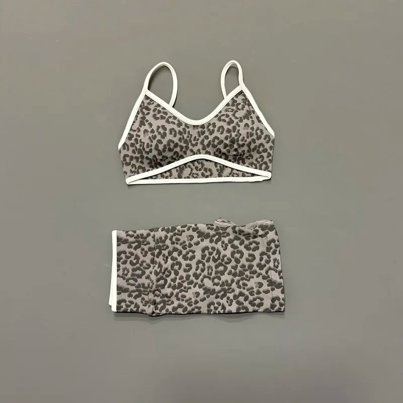 2 Pieces Leopard Print Sports Set Women Seamless Yoga Bra & High Waist Scrunch Butt Shorts Gym Workout Slim Fit Outfit